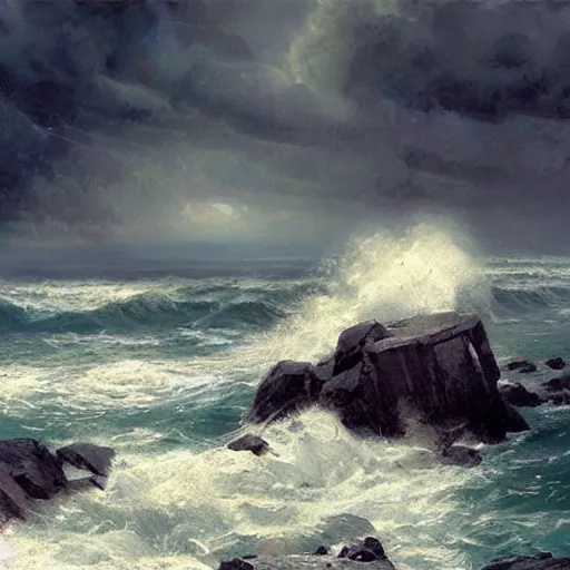 Image similar to rocks being lashed by waves and singing, stormy weather, ocean, painting by greg rutkowski