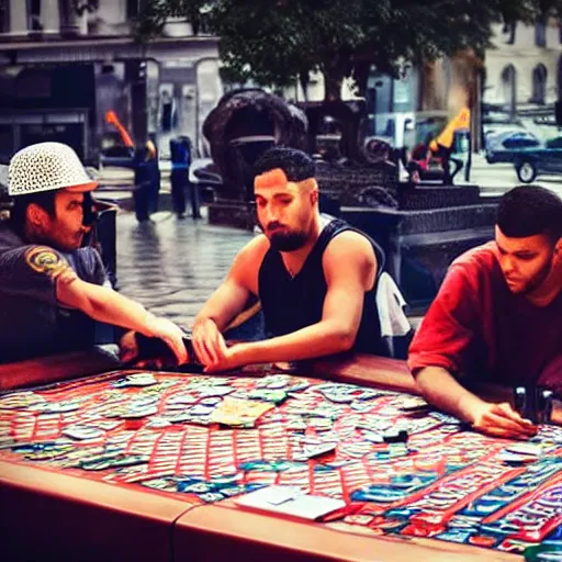 Image similar to with my homies playing street gambling, extremely human detailed, photo hyper realistic, the best photograph of august, pinterest render, vogue render