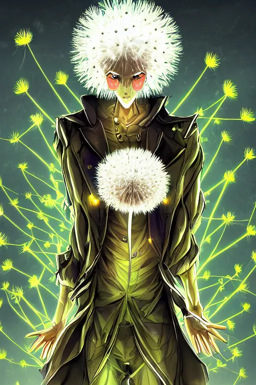 Image similar to nuclear mushroom cloud dandelion male anime character, symmetrical, highly detailed, digital art, sharp focus, trending on art station, green eyes, glowing radioactive colours