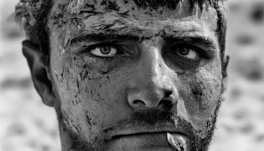 Image similar to 1 9 6 0 s movie still close up of marcus atilius regulus'face with the eyes wide open and ripped off eyelid, his body buried in the sand, cinestill 8 0 0 t 3 5 mm b & w, high quality, heavy grain, high detail, texture, dramatic light, anamorphic, hyperrealistic, detailed hair