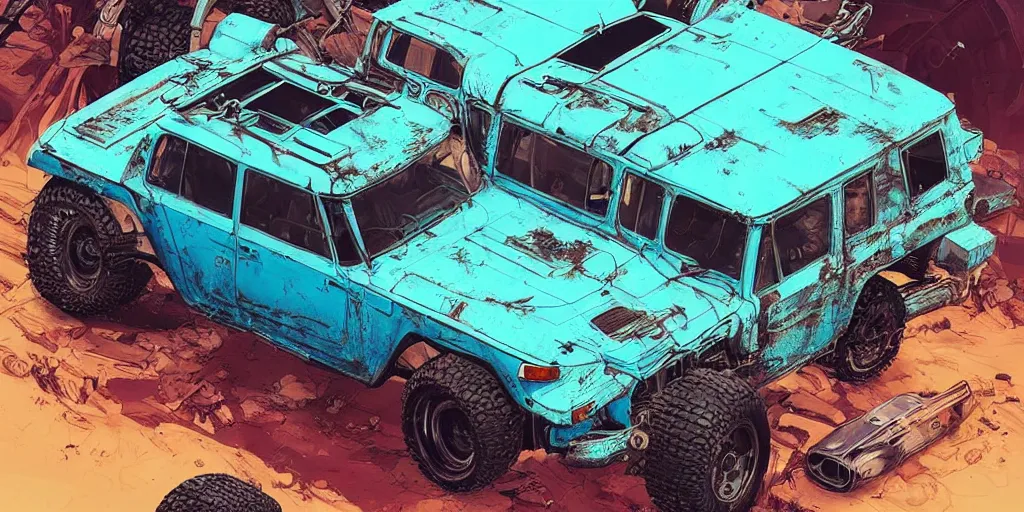 Image similar to digital illustration of a futuristic faded cyan mad max's fj 4 0 decrepit!!!! pursuit special, rusty!!! cyberpunk nissan fj cruiser heavily modded 1 9 9 0 s, the last v 8 interceptor by makoto shinkai, ilya kuvshinov, lois van baarle, rossdraws, basquiat