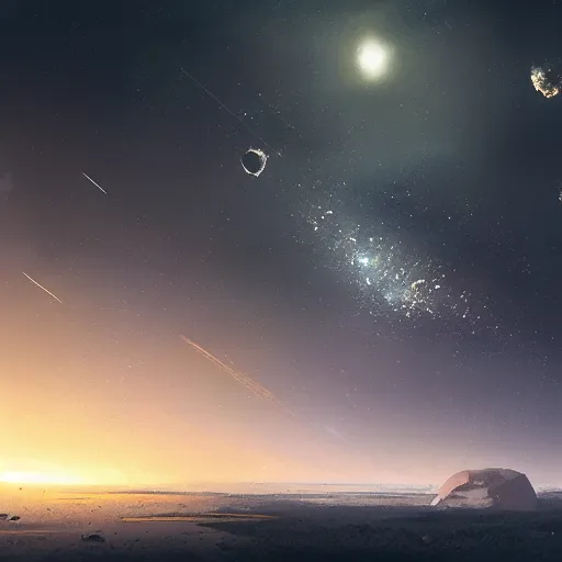 Prompt: Night sky with many meteorites, concept art, 4k, highly detailed, by Greg Rutkowski