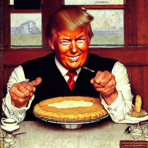 Prompt: donald trump eating a cream pie at a wooden table, he is smiling, artist norman rockwell,