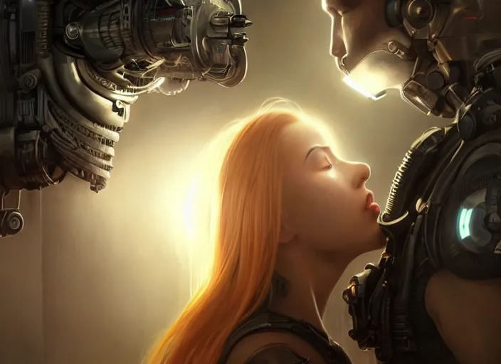 Prompt: ultra realistic medium shot of a couple of cyborgs kissing, lovers, romantic, cyberpunk, sci - fi, fantasy, kodak, colour led, soft light, volumetric lighting, fog, rays, night, intricate, highly detailed, digital painting, concept art, smooth, sharp focus, illustration, art by artgerm and greg rutkowski and alphonse mucha