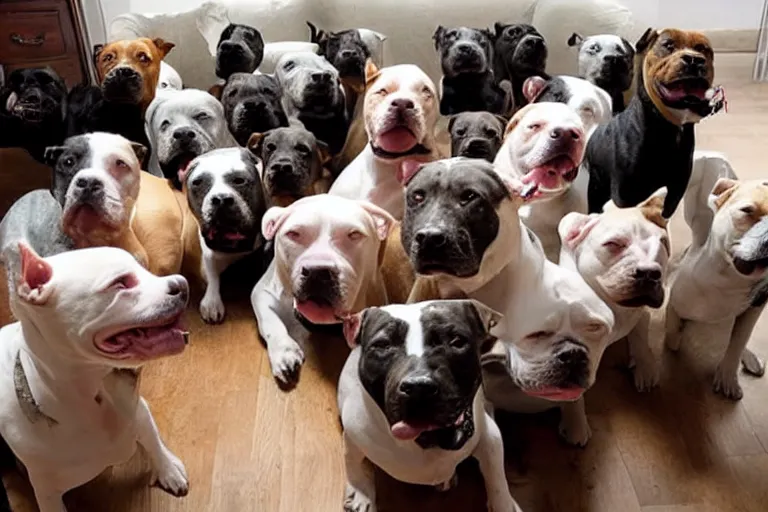 Image similar to a living room full of pit bulls that are facing directly into the camera