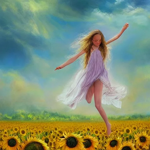 Prompt: a dreamy vision of girl levitating over amazing tall sunflower field, hair flowing, fog, early morning lightning, subtle, intricate details, real masterpiece, oil on canvas, by somsak anong