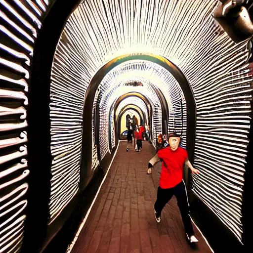 Image similar to terrified young man in a straightjacket running toward you in the Bund Sightseeing Tunnel, Shanghai, China by Alex Grey and Jeffrey Smith