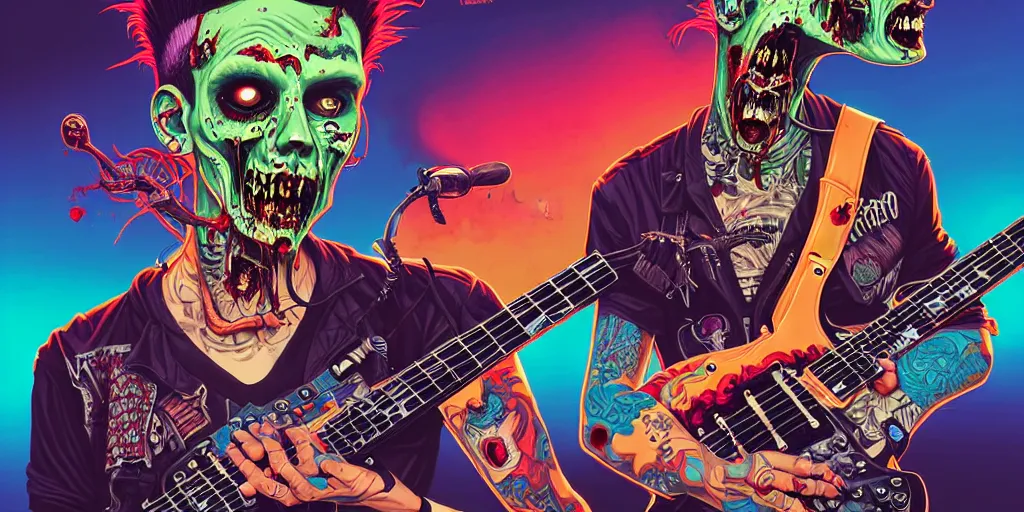 Prompt: a zombie punk rocker with a mohawk playing electric guitar, tristan eaton, victo ngai, artgerm, rhads, ross draws, cinematic by francis tneh