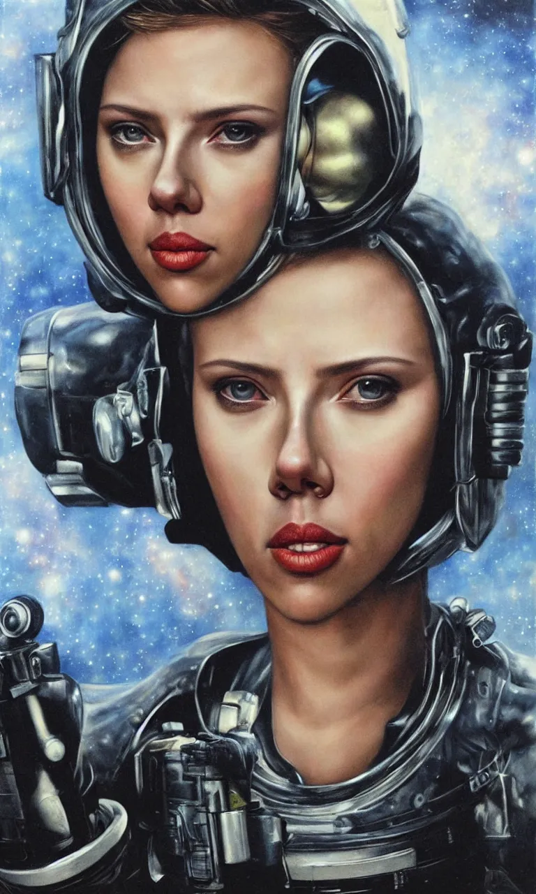 Prompt: Scarlett Johansson in a spacesuit holding a futuristic blaster, close-up portrait by Saturno Buttò