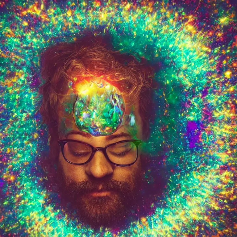 Prompt: Close up shot shallow depth of field studio photograph of a bookish man whose head opens up as a prismatic geode and he says 'I will always love you' psychedelic album cover, vivid color shocking detail hyperrealistic 8k