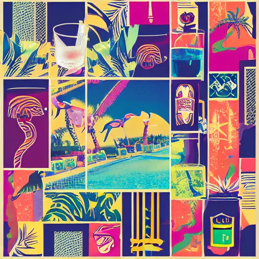 Prompt: abstract photo collage of memphis graphic designs with cocktail glasses, flamingoes, dice, handguns, palm trees, police cars, cocaine bricks