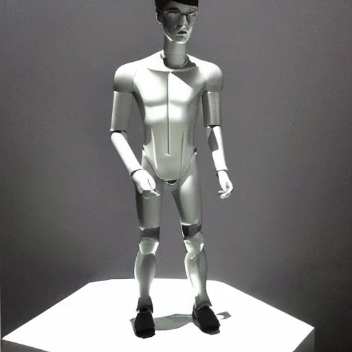 Image similar to “a realistic detailed photo of a guy who is an attractive humanoid who is half robot and half humanoid, who is a male android, actor Grant Gustin, shiny skin, posing like a statue, blank stare, at the museum, on display”