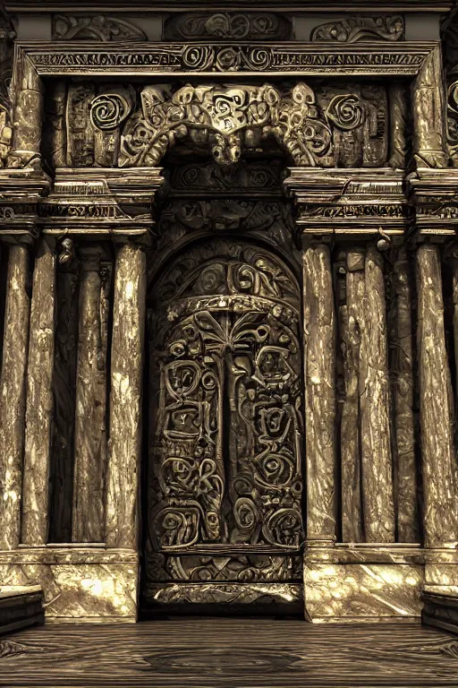 Image similar to ancient fantasy marble gate, neonpunk, mega structure, symmetric, intricate details, insanely detailed, insanely realistic, back lighting, 4 k, cinematic