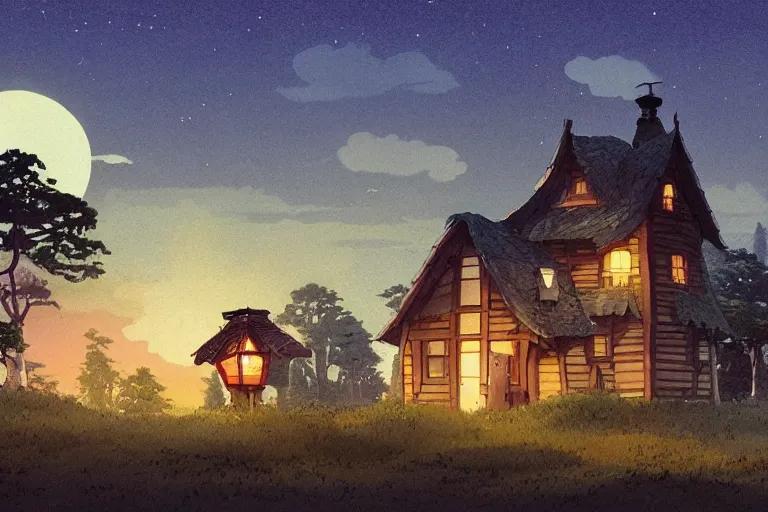 Image similar to A highly detailed matte painting of a lone house at night, forest, beautiful scenery, gas lamps, by Studio Ghibli