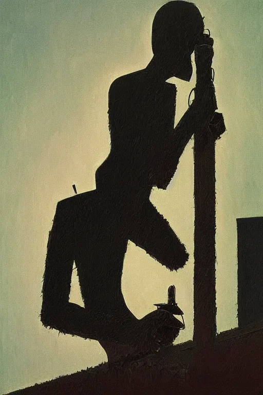 Image similar to chainsaw man and pinaple over his head Edward Hopper and James Gilleard, Zdzislaw Beksisnski, higly detailed