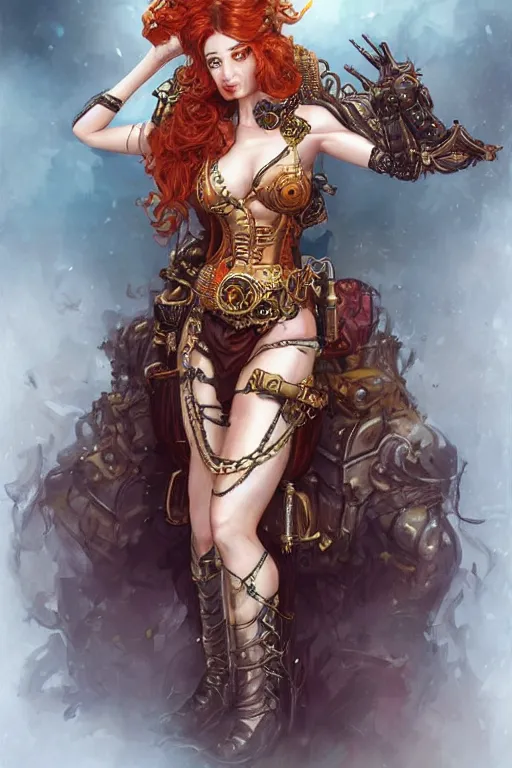 Image similar to three-quarters pose portrait of sensual Lady Mechanika, very beautiful young woman, ginger wavy hair, Intricate details, , D&D!, fantasy style, sharp focus!, ultra detailed, art by Artgerm and Peter Andrew Jones, WLUP, steampunk themed.