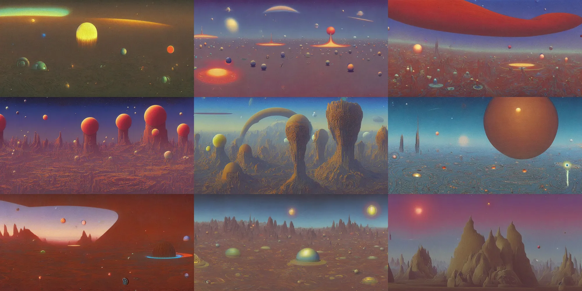 Prompt: cloisonnism view of alien city with planets in the heaven in no mans sky a masterpiece, moebius, bekskinski