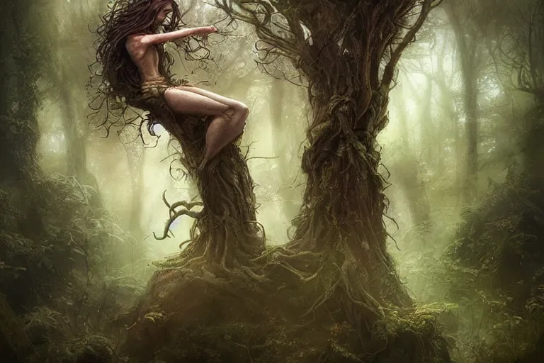 Image similar to portrait of a dryad by brian froud and jessica rossier dark mysterious