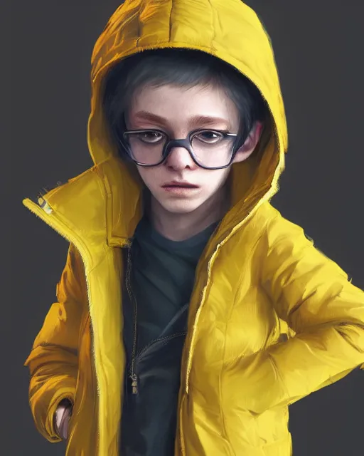 Image similar to a tiny punk kid wearing a puffy yellow jacket, smooth, intricate, elegant, digital painting, artstation, concept art, sharp focus, illustration, art by sam spratt, valorant character,