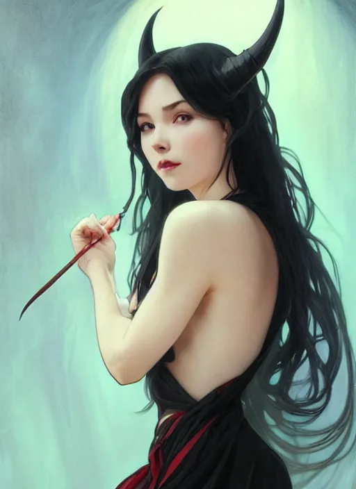 Image similar to girl, portrait, devil smile, ice magic, long face, sharp features, black hair, dark robe, dnd, art by artgerm and greg rutkowski and alphonse mucha, trending on artstation, cinematic light, pastel colors, volumetric shading, high radiosity dull skin, global illumination, radiant light, soft light, soft color dodge, subsurface scattering