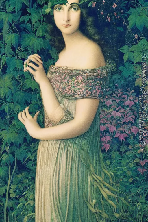 Image similar to beautiful portrait of the queen of night at twilight| richly embroidered velvet| lush foliage | dramatic lighting | Maxfield Parrish and John Waterhouse | rich colors