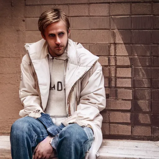 Image similar to photo of teenage ryan gosling sitting on a bench in a alley, wearing jacket, two crutches near bench, fullbody, street of moscow, shallow depth of field, cinematic, 8 0 mm, f 1. 8