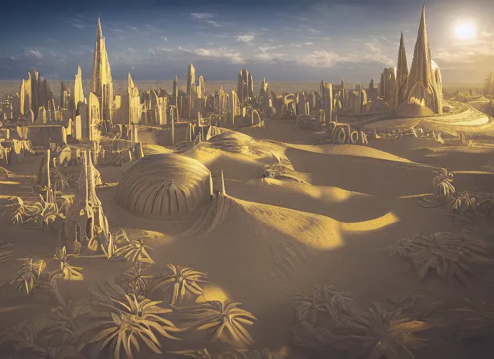 Prompt: cover concept art of the lost sand city, levitating sand, golden towers, golden pillars, palm trees, space and time, floating objects, post-processing, in the style of Hugh Ferriss, Behance, Artgerm. High detail, ultra realistic render, octane, 3D, photorealism, symmetric, cinematic from the academyumbrella