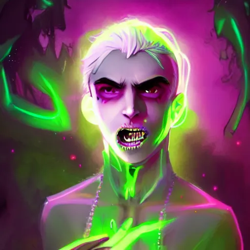 Image similar to Young Danny phantom, transluscent and ghostly, with glowing green eyes and sharp teeth fangs alt art fashion punk, art by WLOP and Charlie Bowater and WLOP and Mark Arian and Ross Tran + neon colors, symmetry,A digital matte intricate illustration concept art , intricate complexity, highly coherent, epic composition, magical atmosphere, highly super detailed, cinematic lighting + masterpiece, trending on artstation + 8k