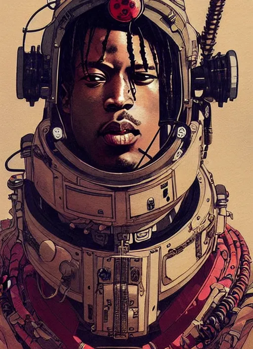 Image similar to a beautiful ukiyo painting of travis scott as a dieselpunk battle space pilot, wearing space techwear, detailed close up portrait, intricate complexity, concept art, by takato yamamoto, wlop, krenz cushart. cinematic dramatic atmosphere, sharp focus