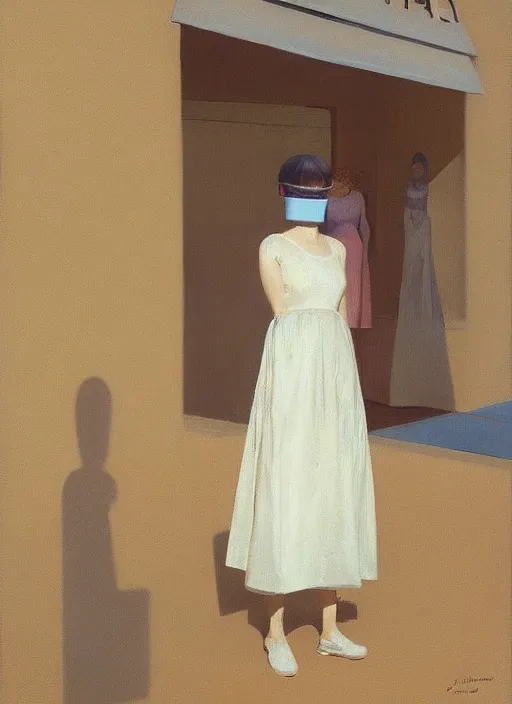 Image similar to woman in a translucent dress made from plastic bag with paper bags for clothes standing inside paper bags with paper bag over the head at store display Edward Hopper and James Gilleard, Zdzislaw Beksinski, highly detailed