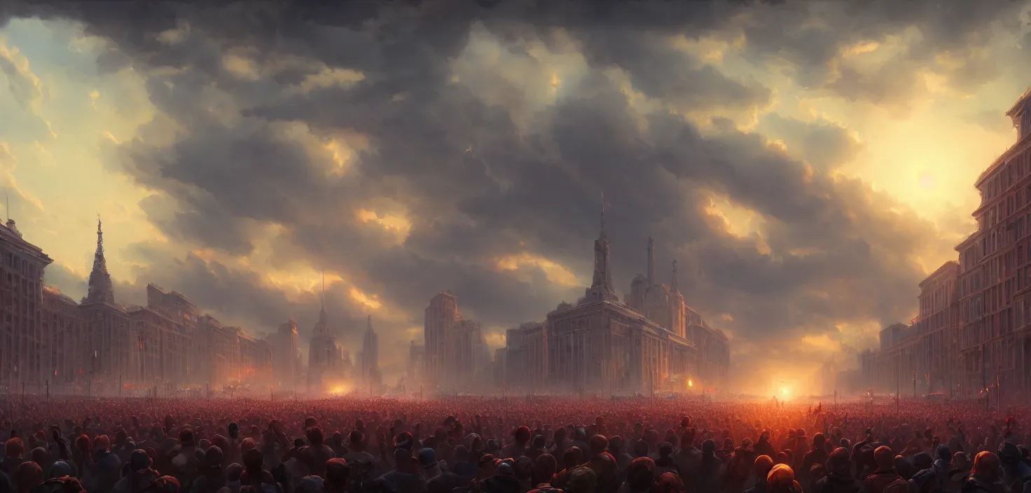 Image similar to painting of a crowd with raised arms pointing towardб demonstration, cinematic view, epic sky, detailed, concept art, low angle, high detail, warm lighting, volumetric, godrays, vivid, beautiful, trending on artstation, by jordan grimmer, huge scene, art greg rutkowski