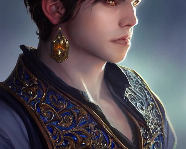 Prompt: a mind - blowing portrait of a young shadow mage male, wearing a vest with diamond pattern, joyful, d & d, fantasy, intricate, elegant, highly detailed, digital painting, artstation, concept art, matte, sharp, illustration, hearthstone, art by artgerm and greg rutkowski and alphonse mucha