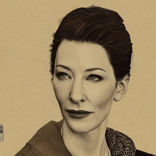 Image similar to portrait of cate blanchett ,japanese wood print