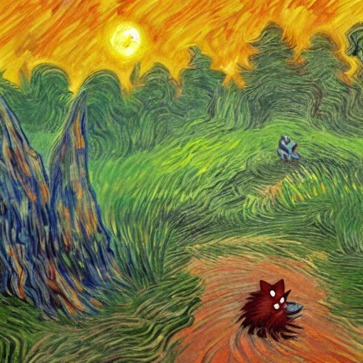 Image similar to sad painting of detailed realistic sonic the hedgehog in the woods at night, in the style of studio ghibli and moebius and claude monet and edward hopper and vincent van gogh