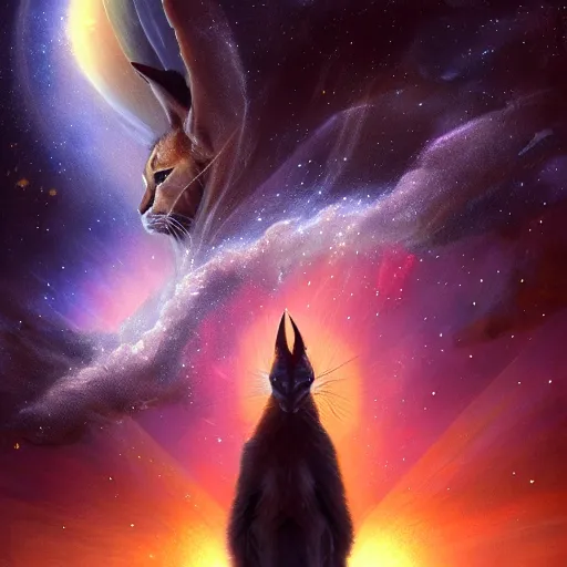 Prompt: a cute caracal, wearing a coat made of stars and nebulae, dramatic, volumetric lighting, planets in the background, smooth, sharp focus, very detailed, by greg rutkowski, artstation, tom badshaw, 8 k, symmetrical face