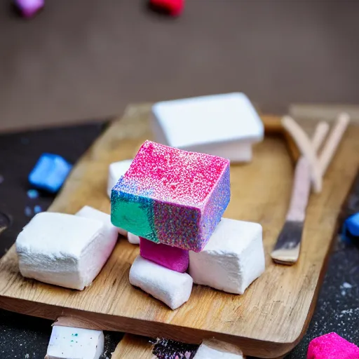 Prompt: photograph of a delicious marshmallow cube with sprinkles on a dark wooden chopping board, pastel colours, hessian cloth, styled food photography, photorealistic, 4 k, canon 1 d, bohek