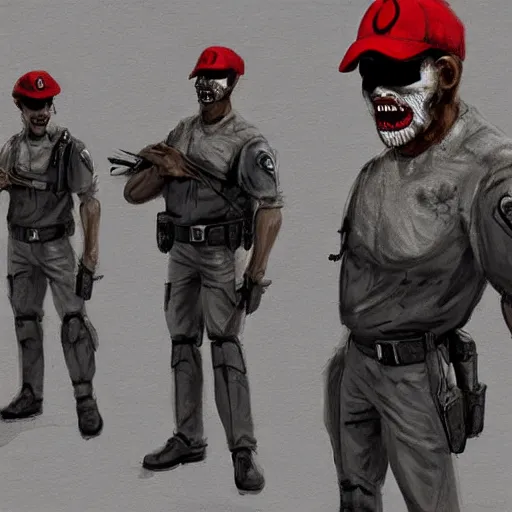 Image similar to ( ( beige ) ) uniform and caps zombie ranger officers ( background brutalist gray concrete office ) trending on artstation high detail digital painting 4 k 8 k hd accurate glow red