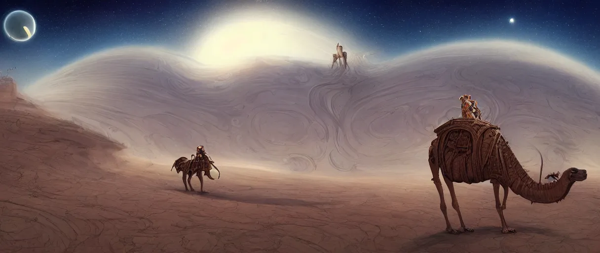 Prompt: a beautiful illustration of a winding wooden structure on the back of a giant alien camel traveling an expansive desert with a ringed planet on the horizon in the style of Rob Lefield and Ralph McQuarrie, Daniel Merriam :.1, trending on artstation, digital art, third person perspective, wide angle, establishing shot