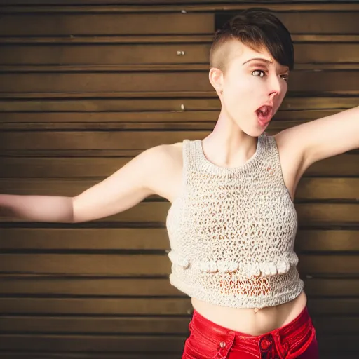 Prompt: A photo of a caucasian female model with short hair wearing a crocheted croptop, professional photography, ahegao face, Fujifilm Quicksnap 400 photography, side profile, HD, dramatic lighting, highly detailed