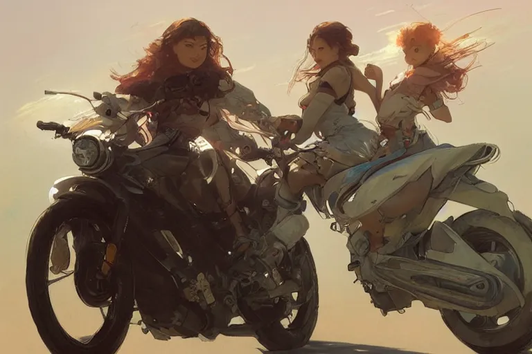 Image similar to a girl is riding a motorbike, digital painting, artstation, the space background,concept art, sharp focus, illustration, art by Krenz Cushart and Artem Demura and alphonse mucha