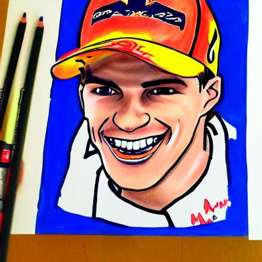 Image similar to a badly drawn picture of max verstappen, caricature, funny, crayon art, bad, beginner art