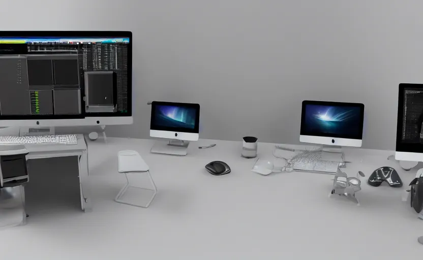 Image similar to 3d rendering computer office with way too many peripherals and accessories