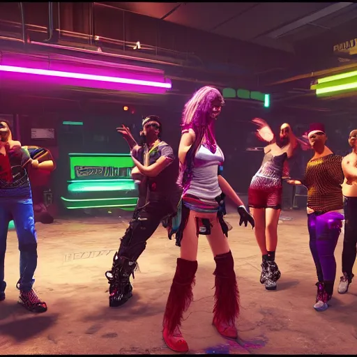 Image similar to Dancing hippies Cyberpunk 2077. CP2077. 3840 x 2160