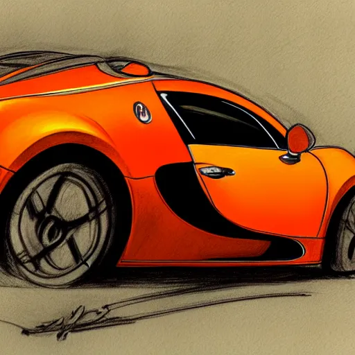 Image similar to professional drawing of an orange bugatti veyron, 4k, high quality, trending on artstation