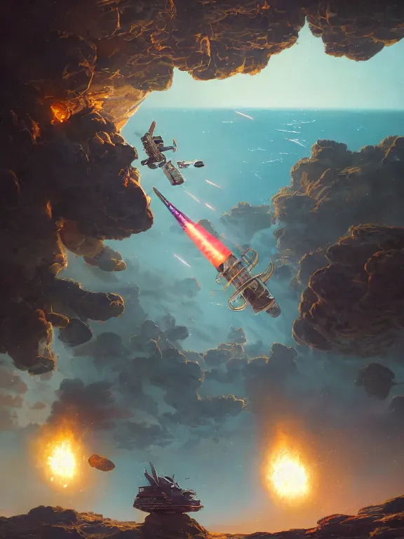 Image similar to photo of 8k ultra realistic rocket launching, asteroids, nasa, clear sky, full of colour, cinematic lighting, battered, trending on artstation, 4k, hyperrealistic, focused, extreme details,unreal engine 5, cinematic, masterpiece, art by Peter Mohrbacher