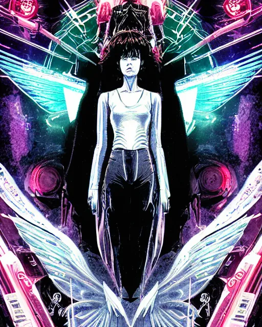 Prompt: white arc - angel with mystic robotic wings, blade runner, akira, ghost in the shell, 2 0 7 7, style of laurie greasley and satoshi kon + symmetric lights and smoke, psychedelic effects, glowing particles, neon rain, glowing runes, de - noise, symmetrical composition, high detailed + tarot card, ornate border, 8 k,