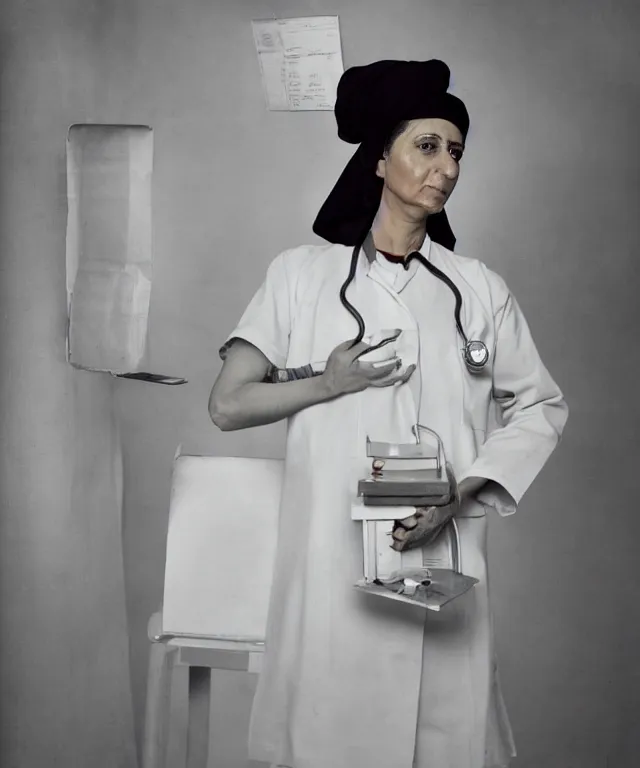 Image similar to a color photograph of the nurse marzieh zakeri in her workplace, by thomas ruff, out of place, intense, bold, hyperrealistic, ultra sharp, extra details, ultra high quality, trending on pinteresst