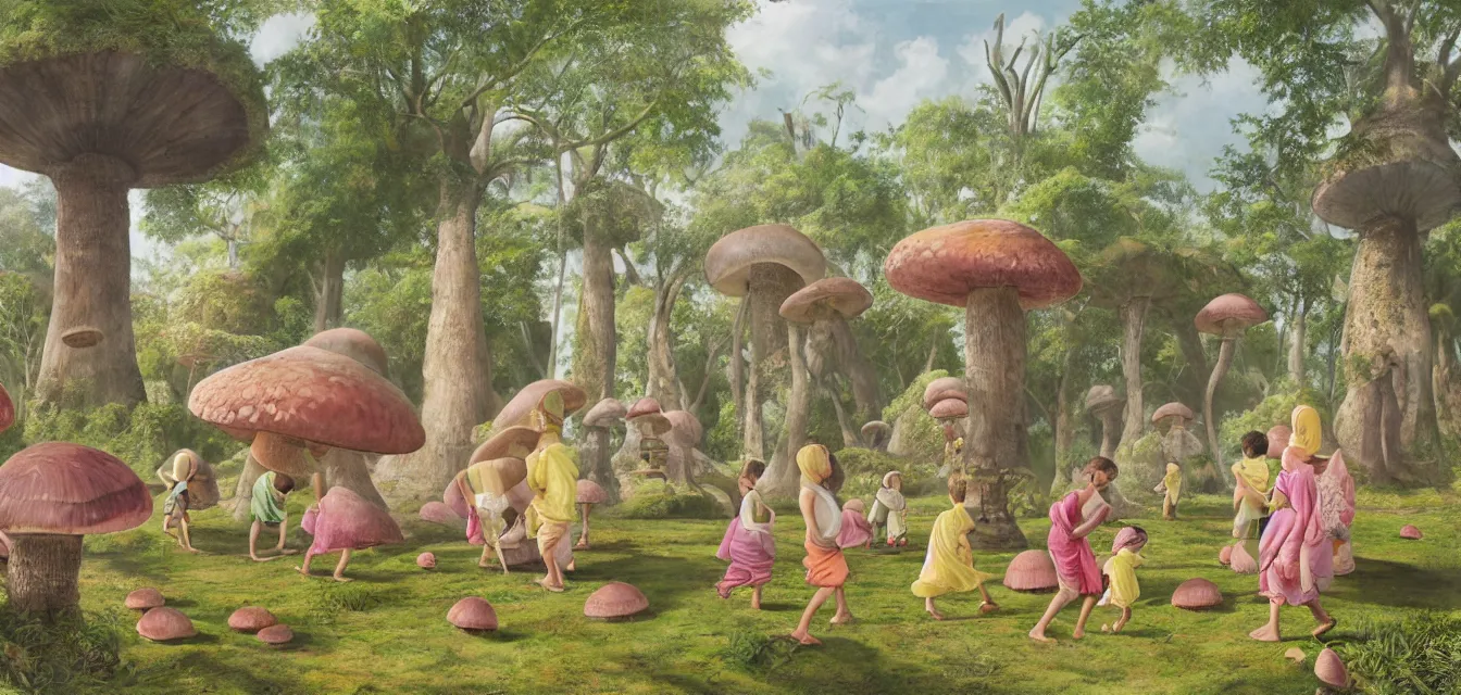 Prompt: botanical illustration of a few diverse children playing around an indonesian candi temple under a single giant mushroom, pastel hues, janne laine, outi heiskanen, gentle morning light