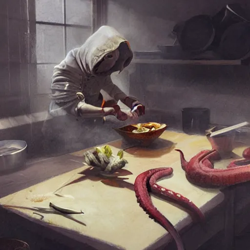 Prompt: pichacu cooks a squid, drawing, detailed, art by sung choi, greg rutkowski, peter konig