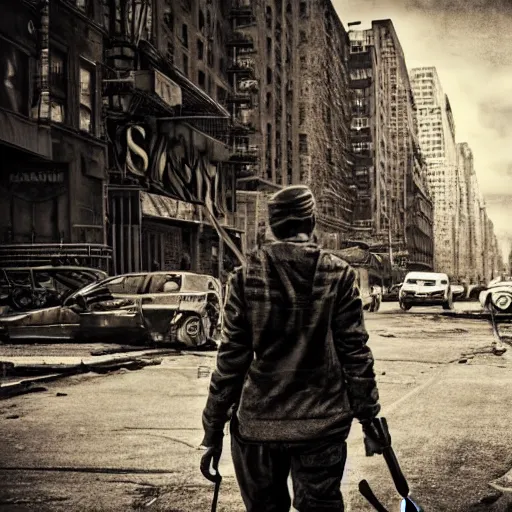 Image similar to a pencil sketch of a survivor in a post apocalyptic new york street, 4k, high detail, high-resolution photograph, professional photography, ultra-detail, sketch, drawing